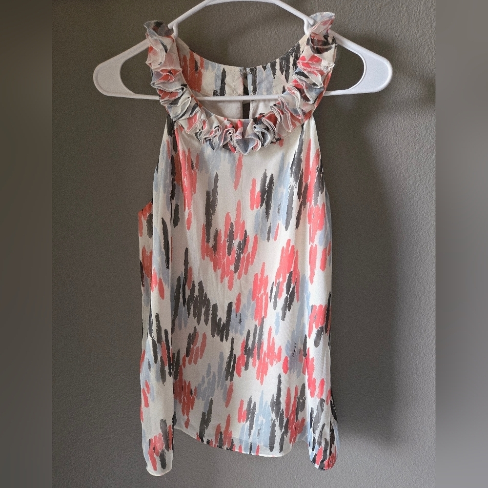 Limited Abstract Tank Blouse Ruffle Neck Flow S Lightweight Neutral Work Date